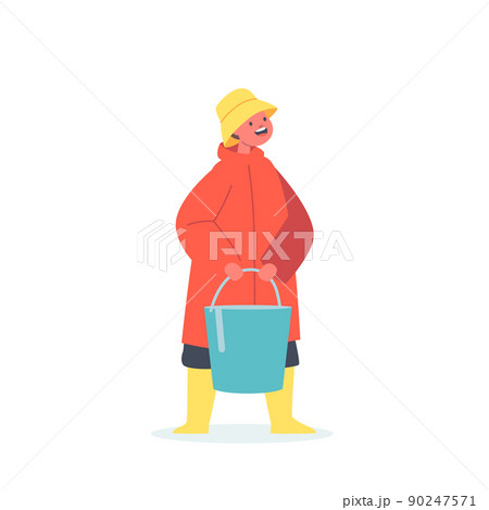Little Child Fisherman Wear Cloak, Rubber Boots and Hat Holding Bucket for Fish. Baby Fishing Hobby, Kid Character Fun Little Child Fisherman Wear Cloak, Rubber Boots and Hat Holding Bucket for Fish. Baby Fishing Hobby, Kid Character Fun 90247571