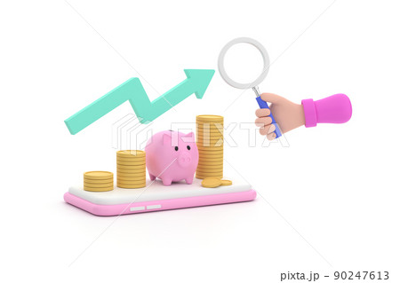hand holding magnifying glass and piggy bank, coins and graphconcept of business financial management 90247613