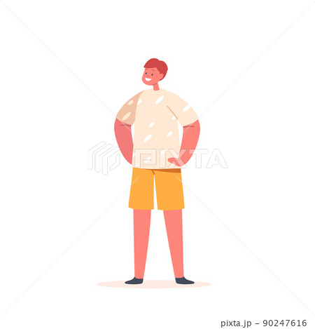 Happy Little Boy Wear T-shirt and Shorts Stand with Arms Akimbo. Child Character Smiling. Happy Emotion, Kid Positivity Happy Little Boy Wear T-shirt and Shorts Stand with Arms Akimbo. Child Character Smiling. Happy Emotion, Kid Positivity 90247616