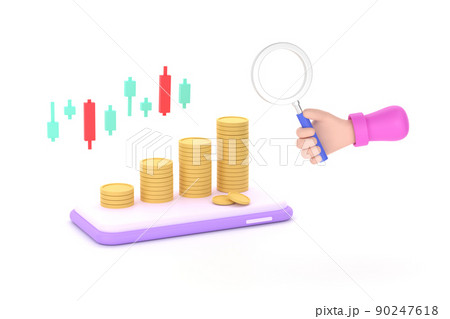 hand holding magnifying glass and coins, graph on a mobile phone concept of financial management hand holding magnifying glass and coins, graph on a mobile phone concept of financial management 90247618