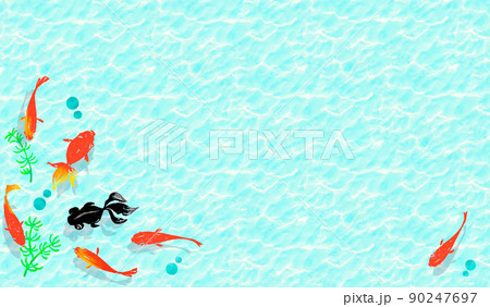 夏_水面に金魚とそよぐ水草 90247697