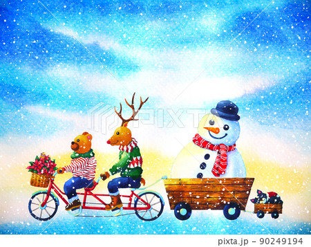 christmas animal happy new year watercolor painting illustration 90249194