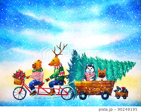 christmas animal happy new year watercolor painting illustration christmas animal happy new year watercolor painting illustration 90249195