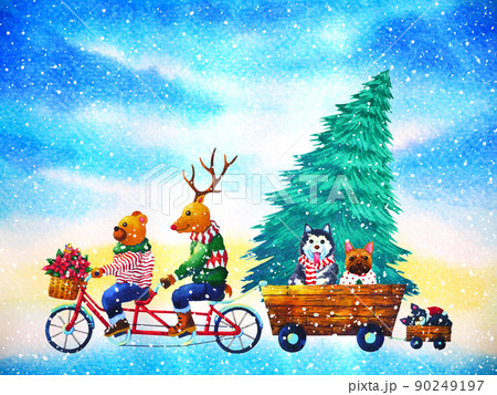 christmas animal happy new year watercolor painting illustration 90249197