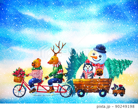 christmas animal happy new year watercolor painting illustration christmas animal happy new year watercolor painting illustration 90249198