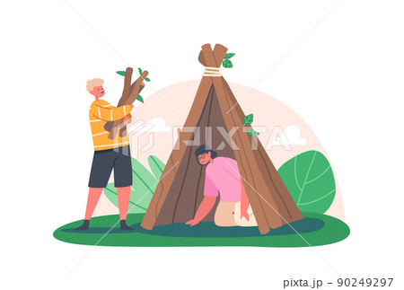Kids Building Hut of Tree Branches, Boy and Girl Character Relax on Nature or at Summer Forest Camp. Holidays Activity Kids Building Hut of Tree Branches, Boy and Girl Character Relax on Nature or at Summer Forest Camp. Holidays Activity 90249297