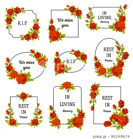 Funeral Red Rose Frame with Text Quote and Inscription Vector Set 90249674