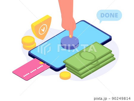 Mobile payments. Hand press button on smartphone screen isometric concept. Financial and banking, money cash and credit card vector scene Mobile payments. Hand press button on smartphone screen isometric concept. Financial and banking, money cash and credit card vector scene 90249814