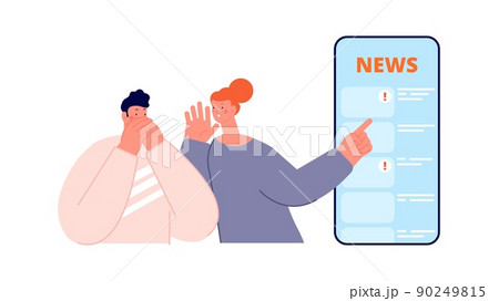 Man shocked daily news. People surprised, woman talk boyfriend about world situation. Information flow, mental disbalance and scare vector scene 90249815