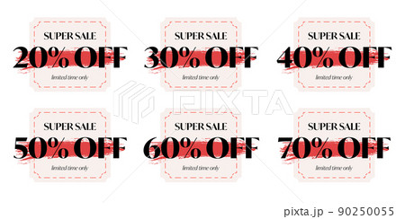 Super sale label sticker set. Sale label with 20, 30, 40, 50, 60, 70 percent off for price reduction. Limited time only discount badge label vector illustration isolated on white background 90250055