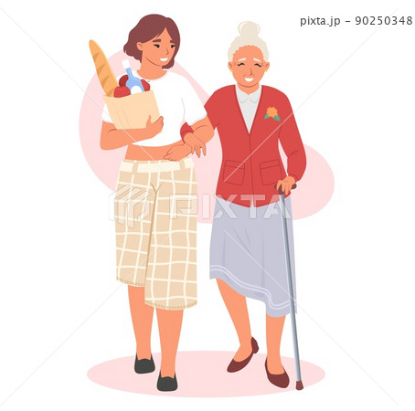 Woman help elderly female with grocery shopping Woman help elderly female with grocery shopping 90250348