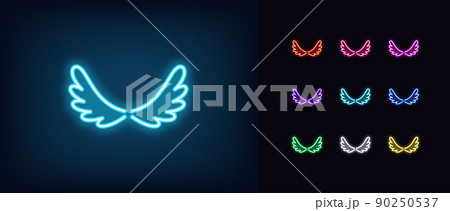 Outline neon wing icon. Glowing neon Bird wings silhouette in cartoon style, angel wings pictogram. Flight and freedom 90250537