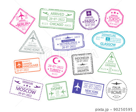Set of Passport Stamps, Visa Travel Signs. Airport Control, Immigration, International Departure, Arrival Document 90250595