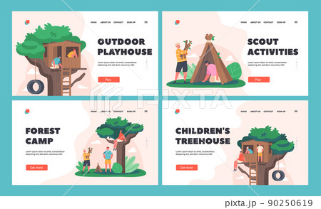 Kids Outdoor Activities Landing Page Template. Children Playing at Treehouse and Hut, Fun in Summer Forest Camp 90250619