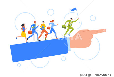 Business People Characters Run by Huge Hand with Index Finger Showing Direction. Business Team Leadership, Teamwork Business People Characters Run by Huge Hand with Index Finger Showing Direction. Business Team Leadership, Teamwork 90250673