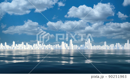 Abstract white city skyline reflected in bay water Abstract white city skyline reflected in bay water 90251963