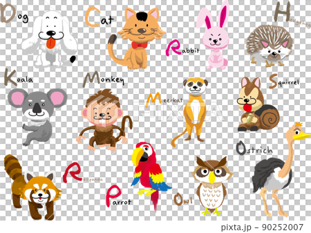 アルファベットの名前が付いたかわいい小動物と鳥類のイラストセット 90252007