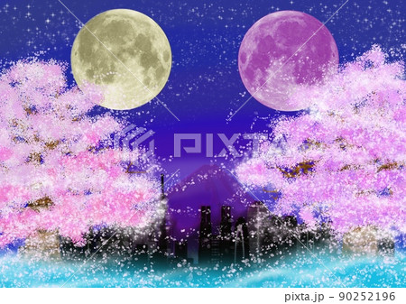 月 桜 桜吹雪 夜 街並み 夜景のイラスト素材 [90252196] - PIXTA