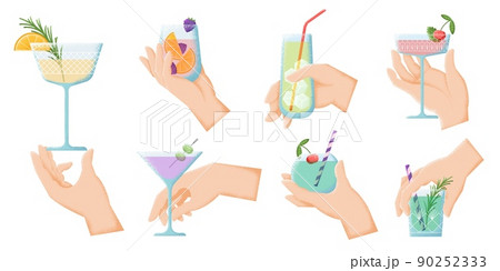 Hand with cocktail. Hands holding drink glass, alcoholic party cocktails. Isolated summer swanky cold beverages with fruits and berries vector set Hand with cocktail. Hands holding drink glass, alcoholic party cocktails. Isolated summer swanky cold beverages with fruits and berries vector set 90252333