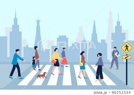 Crosswalk. Road traffic, downtown pedestrian and people crowd. Urban city pedestrians on street, man woman kid walk in town, recent vector scene 90252334