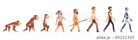 Human evolution. Apes human, people ancestor and development process. Flat early-man, cartoon business guy and robot. Progression stages, decent vector characters 90252395