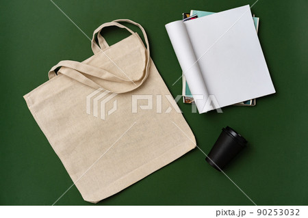 Textile shopping bag and coffee cup flat lay 90253032