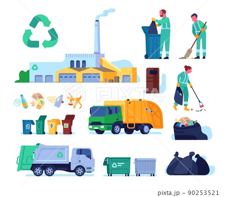 Garbage collection service. Litter disposal. Scavengers characters with broomstick. Waste recycling plant. Dumpsters and trash truck. Rubbish sorting bins. Vector refuse cleaning set Garbage collection service. Litter disposal. Scavengers characters with broomstick. Waste recycling plant. Dumpsters and trash truck. Rubbish sorting bins. Vector refuse cleaning set 90253521