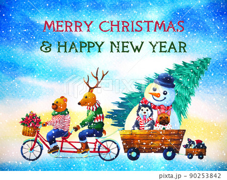 christmas animal happy new year watercolor painting illustration christmas animal happy new year watercolor painting illustration 90253842