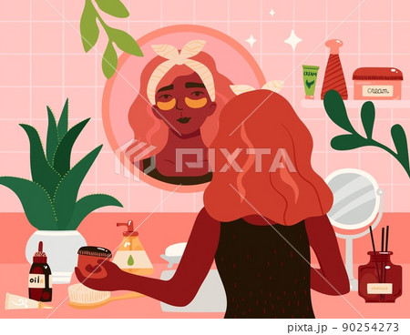 Mirror skincare reflection. Woman applies patches or facial moisturizing cream in bathroom. Home makeup. Organic beauty treatment. Cosmetics procedures. Everyday routine. Vector concept 90254273