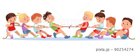 Kids pulling rope. Children teams playing tug of war. Groups sport game competition. Powerful challenge. Friends rivalry. Happy boys and girls fun battle. Strength contest. Vector concept 90254274