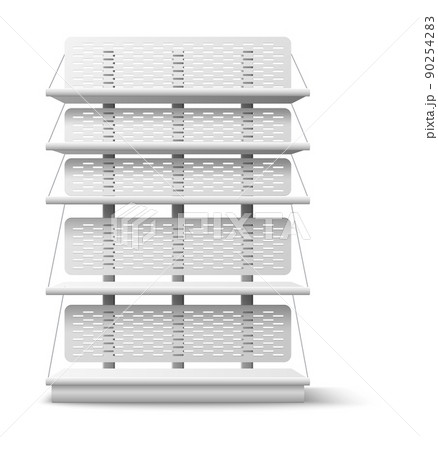 Empty shelving stand. Realistic shopping shelves. Isolated supermarket and stores furniture. Front view rack. White showcase for merchandise presentation. Vector shop interior object Empty shelving stand. Realistic shopping shelves. Isolated supermarket and stores furniture. Front view rack. White showcase for merchandise presentation. Vector shop interior object 90254283