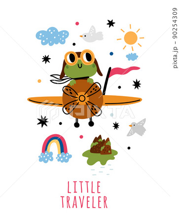 Animals pilots card. Frog character flying on plane. Airplane with cute aviator. Cartoon amphibian. Froglets adventure. Little traveler. Toad drive aircraft with propeller. Vector postcard 90254309