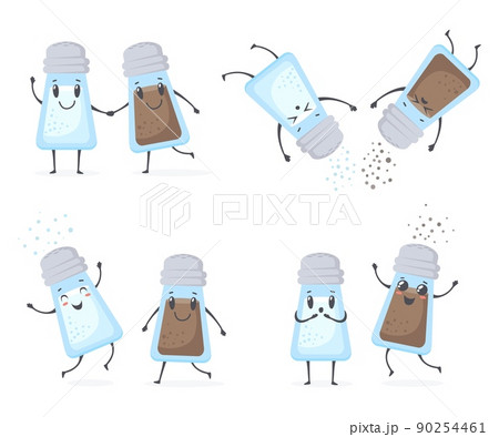 Salt pepper shakers character. Cartoon cute sprinkle seasoning shaker, kawaii funny condiment smiling expression, sprinkling salty powder smile bottles, neat vector illustration 90254461
