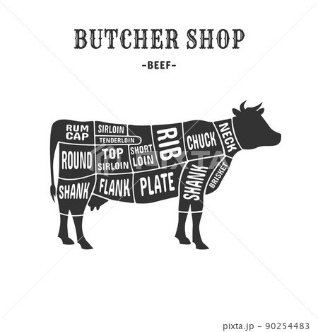 Cow cuts scheme. Cutting beef meat guide placard for butchers, animal cut diagram chart plate brisket, vintage american poster butcher shop steak or rib, exact vector illustration 90254483