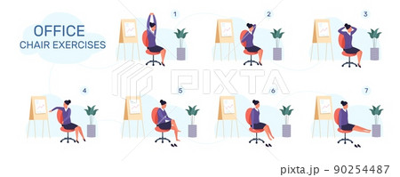 Workout office chair. Yoga stretch excercice, sitting exercises break business work, businesswoman posture fitness meditation, stretching flexible back, garish vector illustration 90254487