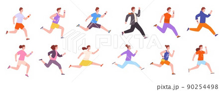 Profile running people. Rush to success, character moving runner man woman, jogging determined person urgent aim, isolated run movement sport athletes, splendid vector illustration Profile running people. Rush to success, character moving runner man woman, jogging determined person urgent aim, isolated run movement sport athletes, splendid vector illustration 90254498