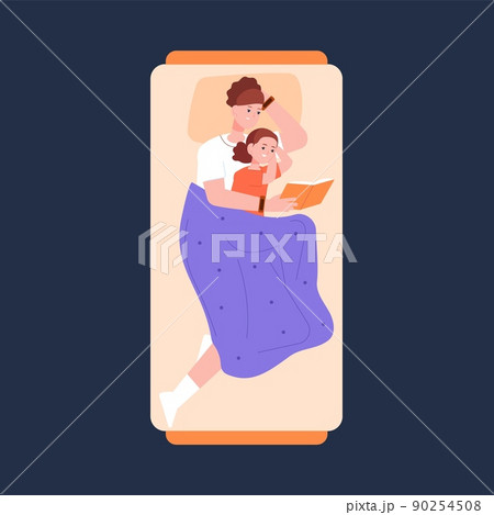 Mom and child reading in bed. Mother read kid fairy story bedtime, night book storytelling, love parent care baby home evening mum with children family routine, vector illustration 90254508