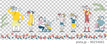 清涼感ある木陰で水分補給をしている様々な人々 イラスト素材 清涼感ある木陰で水分補給をしている様々な人々 イラスト素材 90254881