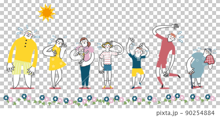 Various people who are hot and sweaty under the summer sun Illustration material 90254884