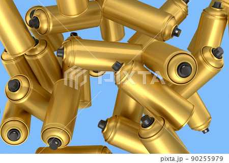 Lots of flying spray paint cans on blue background. Spray bottle and dispenser 90255979
