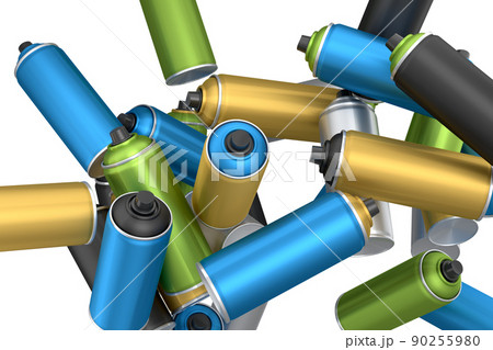 Lots of flying spray paint cans on white background. Spray bottle and dispenser Lots of flying spray paint cans on white background. Spray bottle and dispenser 90255980