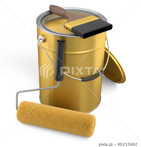 Open metal can with paint roller and bristle brush on white background. 90255992
