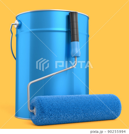 Open metal can with paint roller for painting walls on yellow background. 90255994