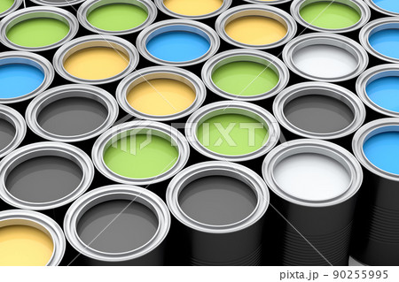 Set of open metal can or buckets of paint in row pattern on white background. 90255995