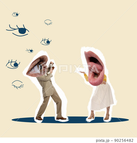 Contemporary art collage. Man with big eye head taking photo of girl with big female mouth head 90256482
