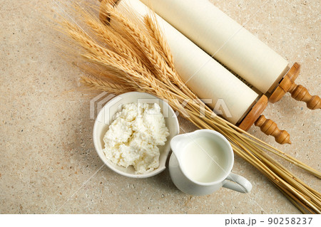 Kosher dairy product for celebration Jewish Holiday Shavuot. Shavuot flat lay. Kosher dairy product for celebration Jewish Holiday Shavuot. Shavuot flat lay. 90258237