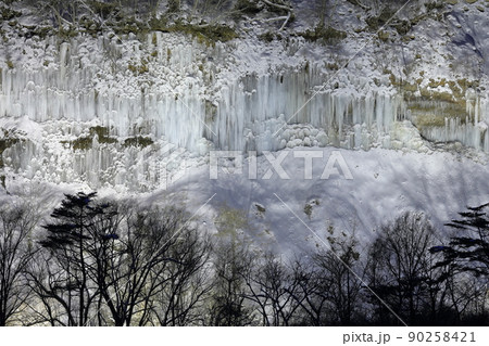 ライトアップされた神秘的で美しい氷のカーテン（白川氷柱群　長野県 木曽町） 90258421