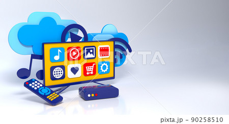 IPTV television set, remote control. 3d concept illustration IPTV television set, remote control. 3d concept illustration 90258510
