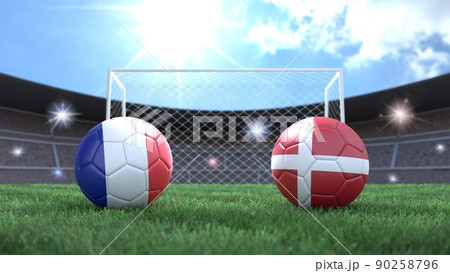 Two soccer balls in flags colors on stadium blurred background. France and Denmark. 3d image 90258796