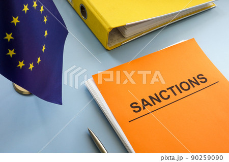 EU flag and sanctions list with a folder. 90259090